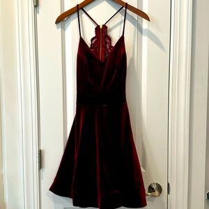 B. Darlin Burgundy Stretchy Velvet and Lace V-Neck Dress, Junior Size 7/8